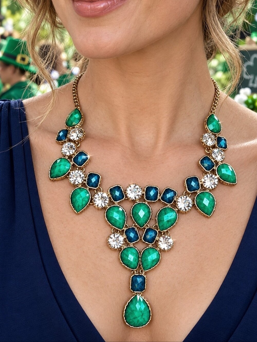 Amrita Singh Signed Faceted Blue Green Clear Rhinestone Statement Necklace EUC